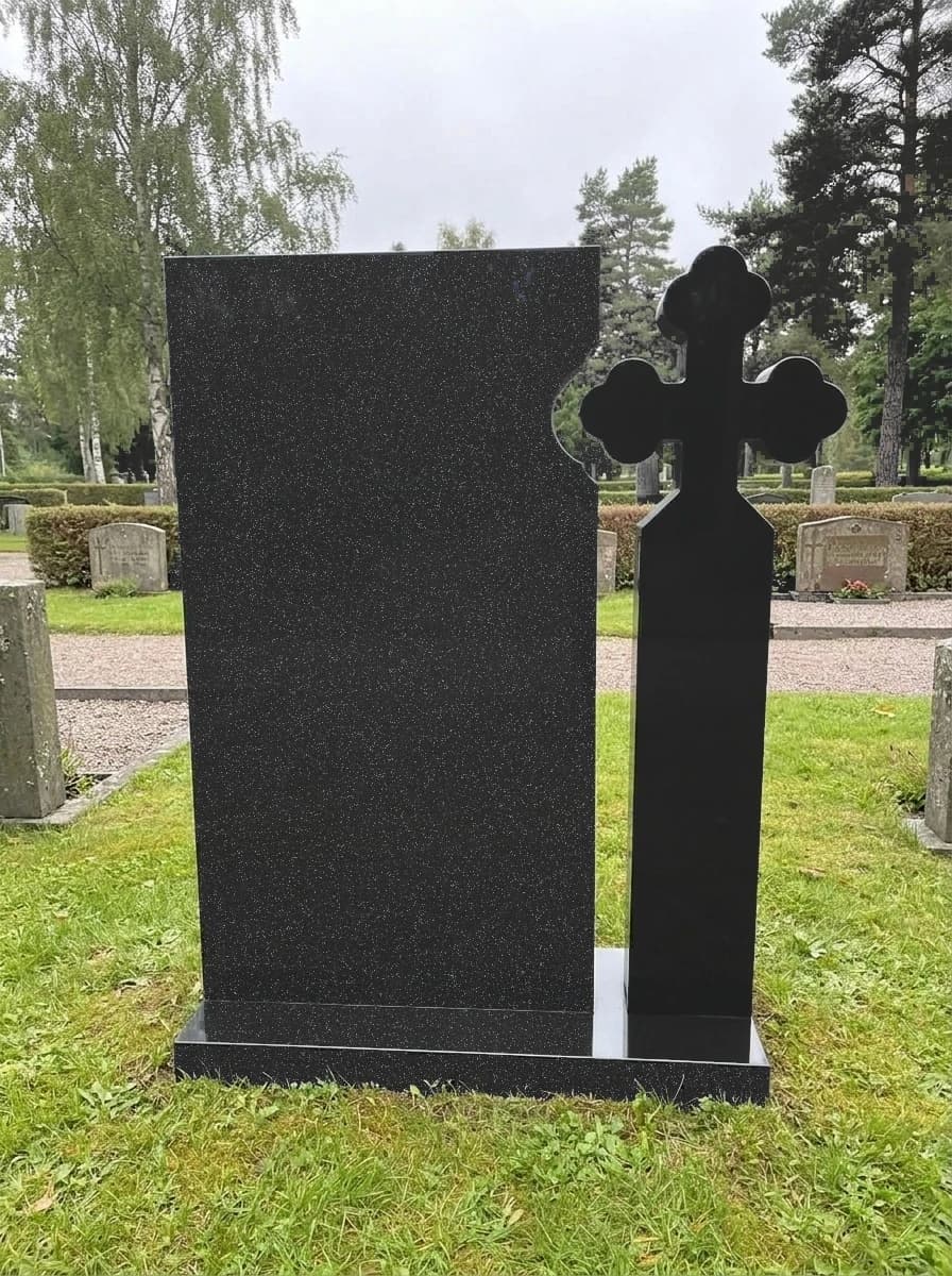 Sten med kors i svart granit